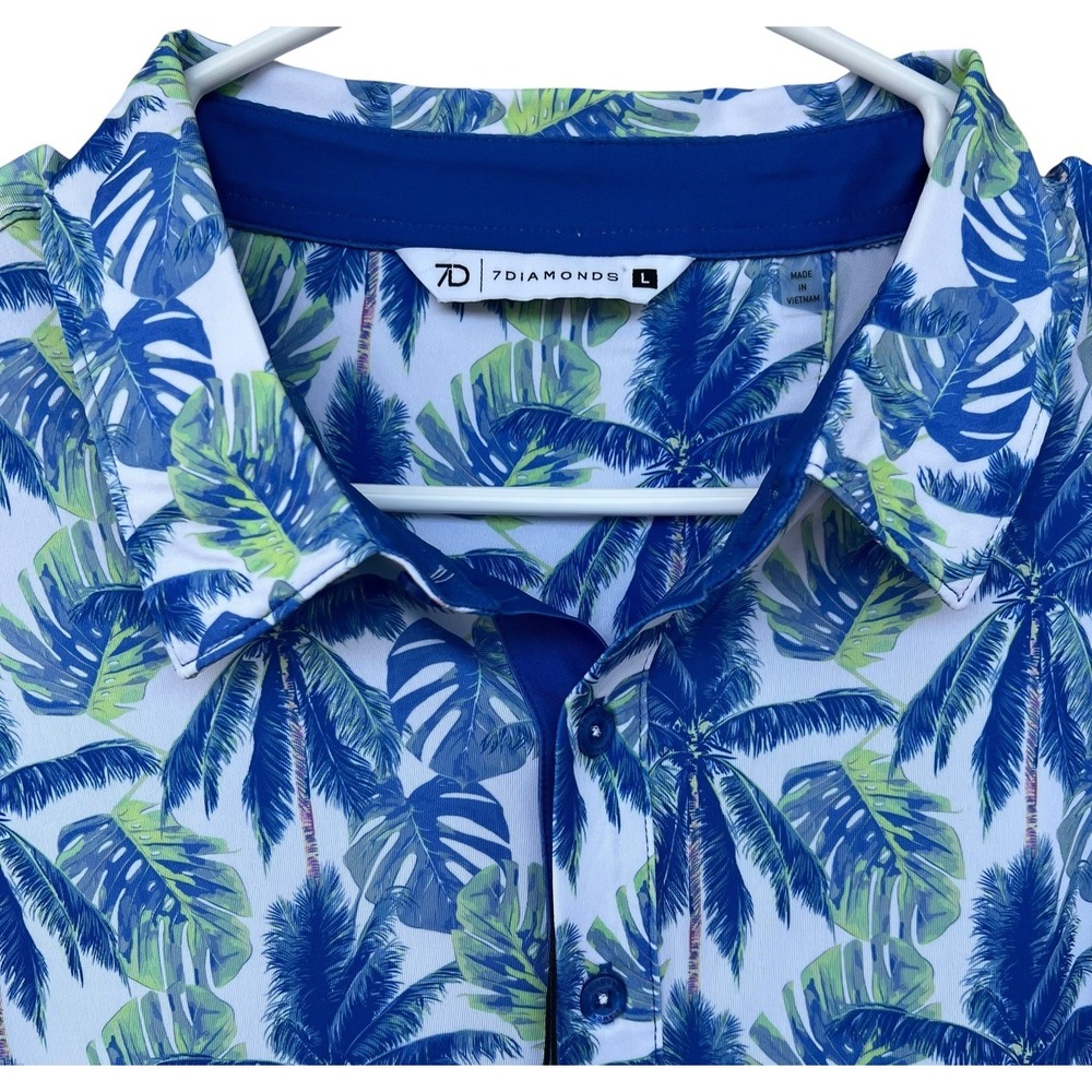 7 Diamonds Mens Palmas Golf Shirt 4 Way Stretch Palm Trees Blue Polo Size Large